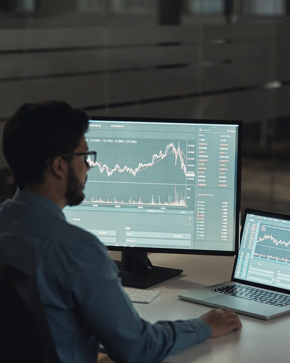 Um homem visto de costas, usando camisa social azul e óculos, está sentado em uma mesa de escritório à noite. Ele foca sua atenção em dois monitores à sua frente. O monitor principal exibe um gráfico de linha complexo com dados financeiros em constante mu