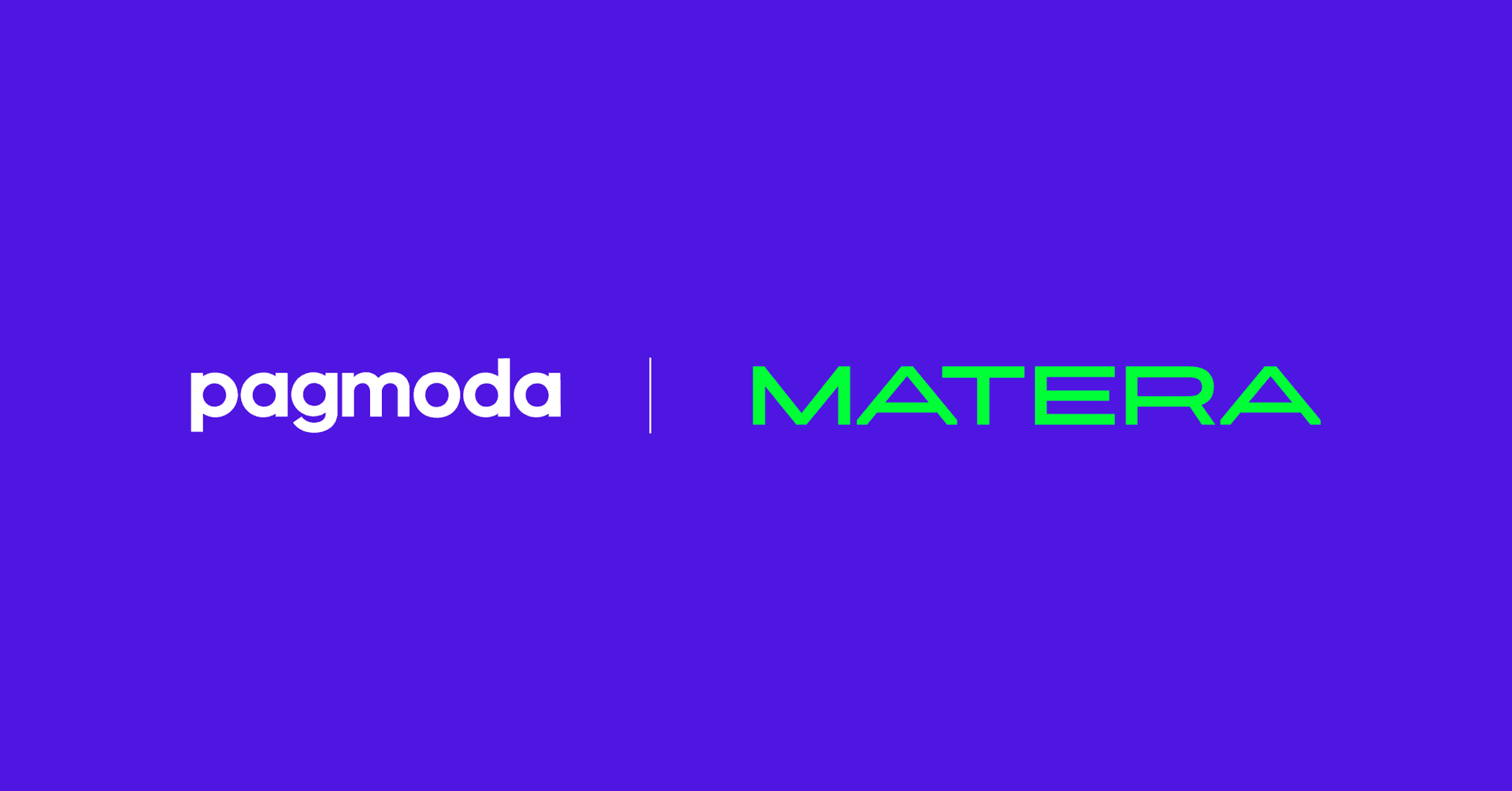 Logo da Pagmoda em branco ao lado do logo da Matera em verde, sobre um fundo roxo.