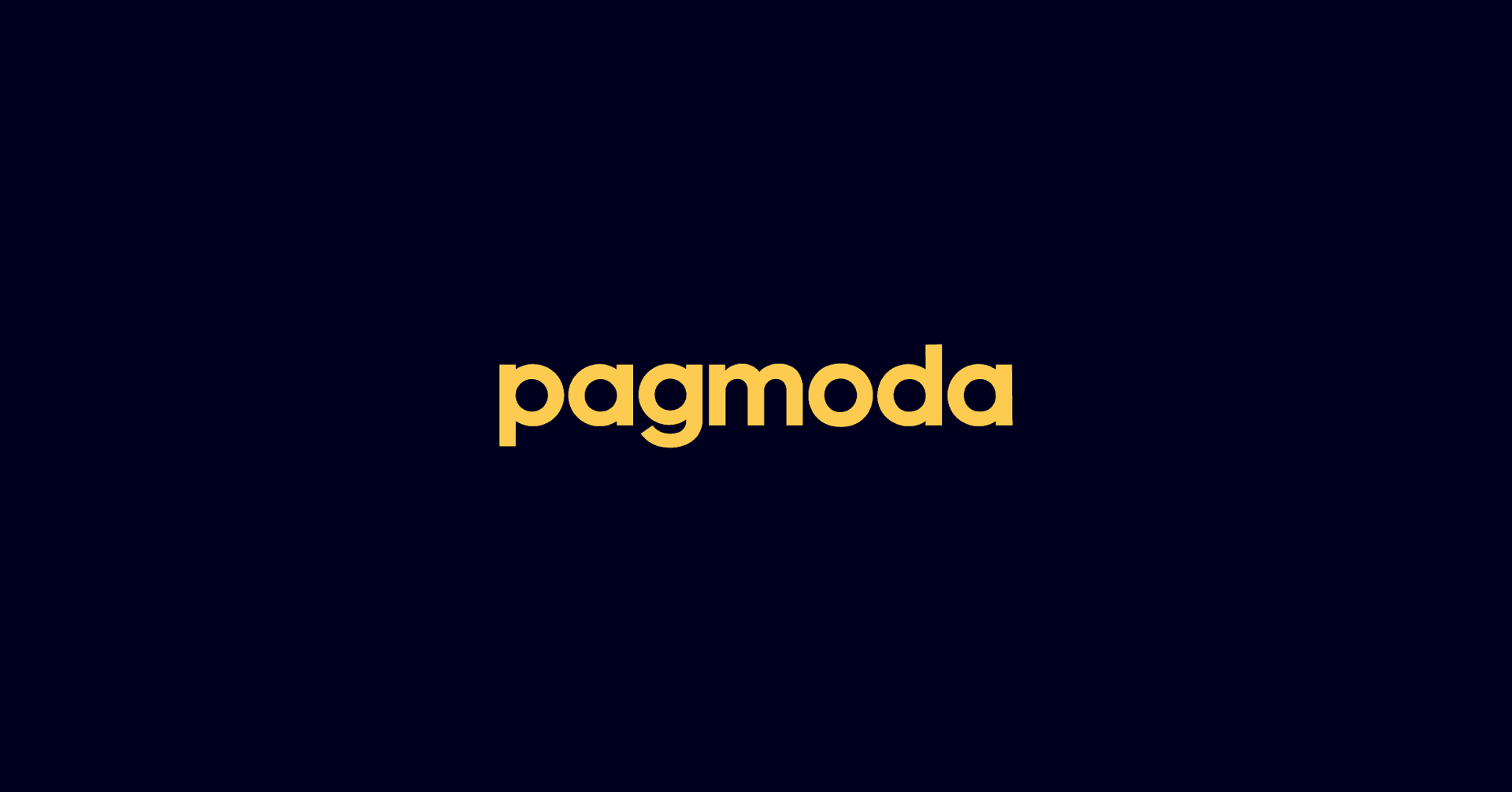 Logo da Pagmoda na cor amarela, em um fundo azul marinho.