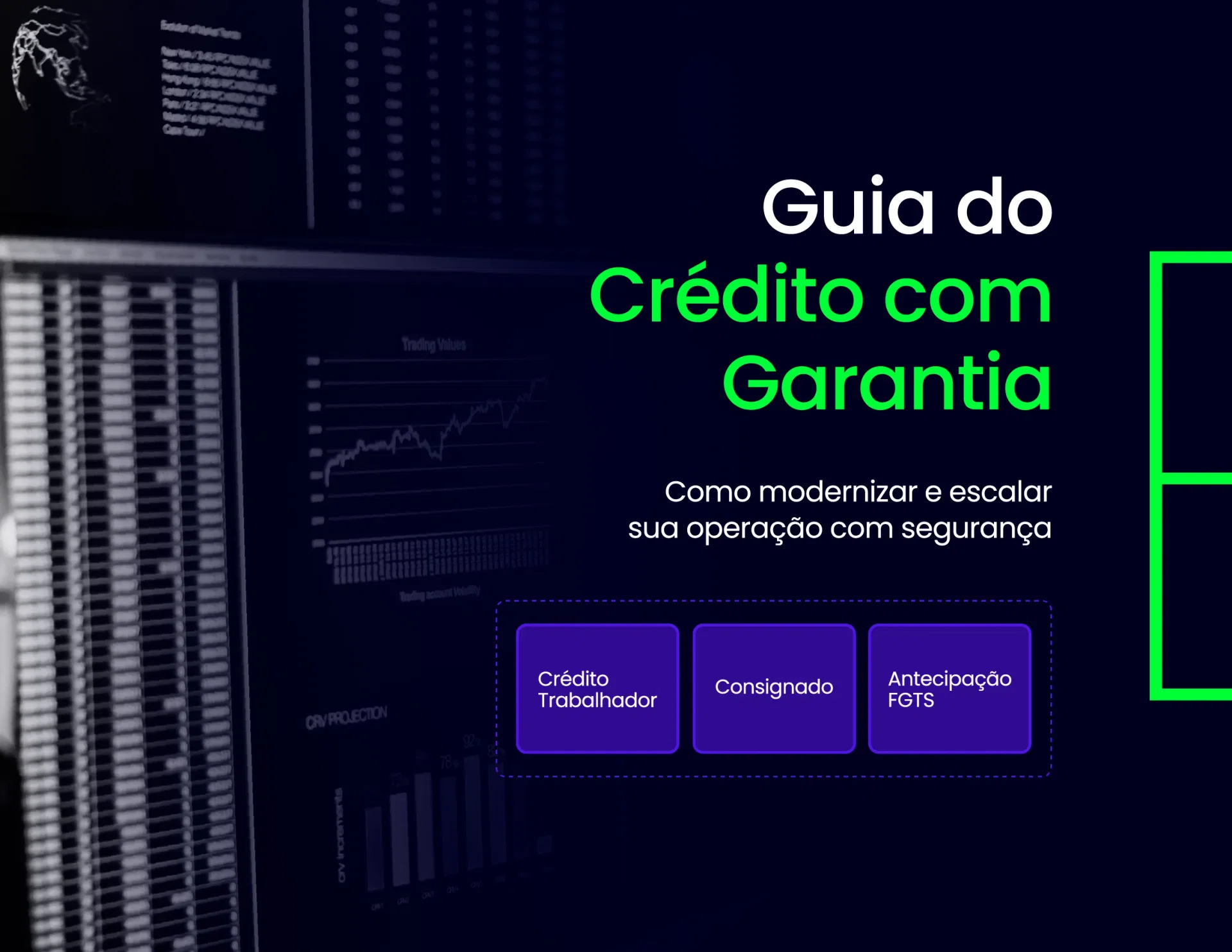 Card informativo 'Guia do Crédito com Garantia', com gráficos e ícones sobre tipos de crédito: Trabalhador, Consignado e Antecipação FGTS.