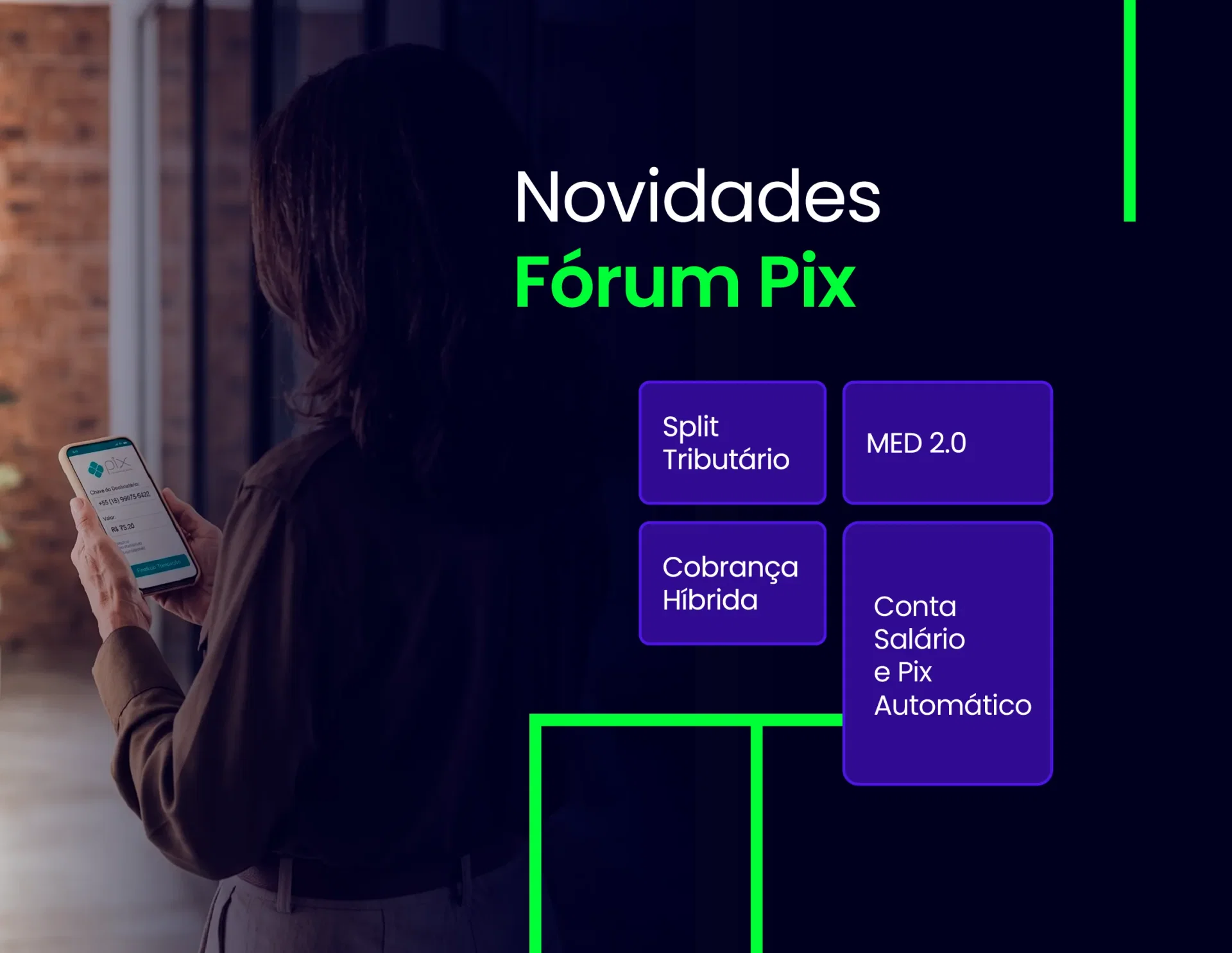 Mulher segurando celular com o app do Pix aberto. Ao lado, o texto 'Novidades Fórum Pix' e quatro tópicos: Split Tributário, MED 2.0, Cobrança Híbrida e Conta Salário e Pix Automático.