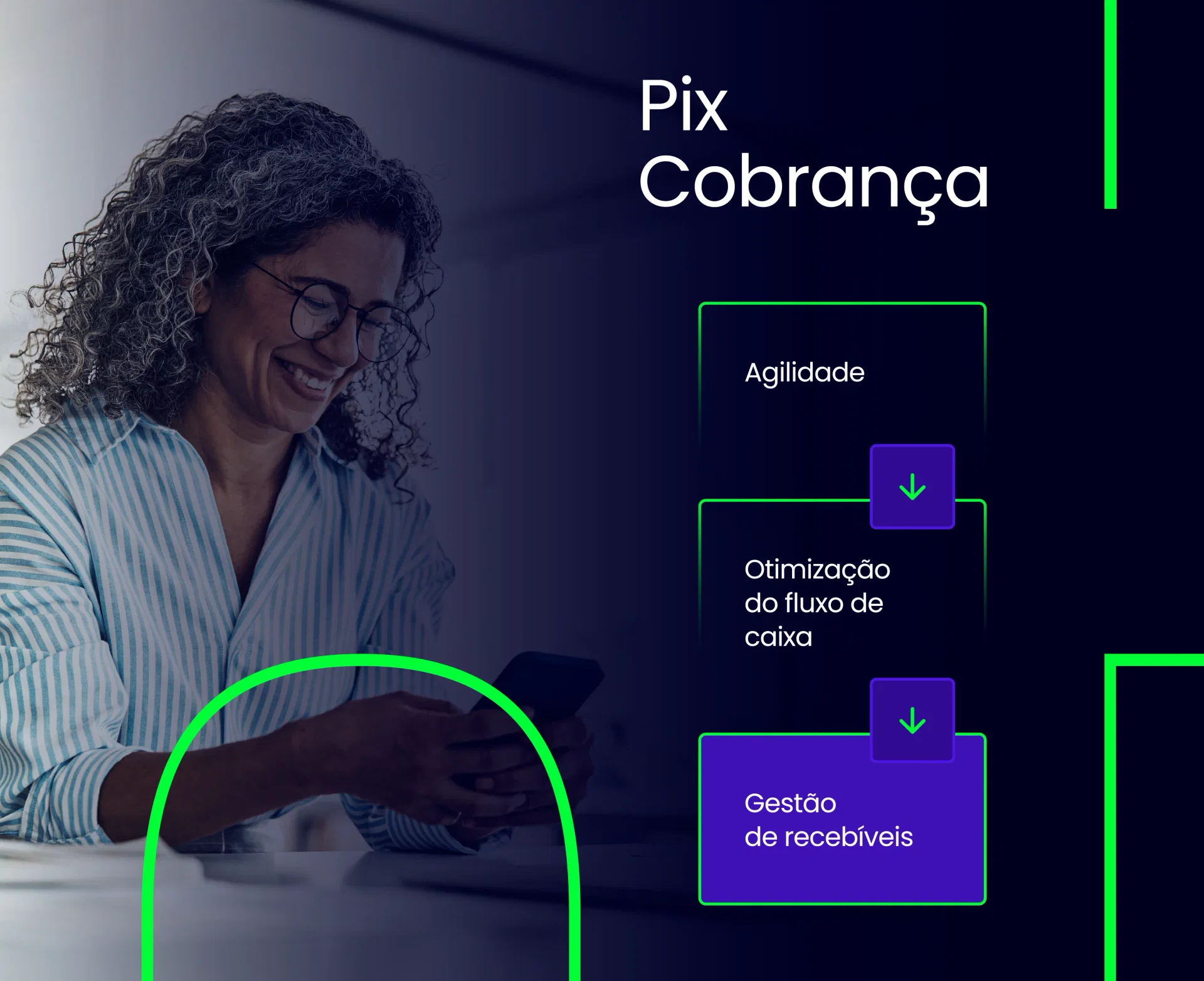 Foto de uma mulher mexendo no celular com o texto: Pix Cobrança. Agilidade > Otimização do fluxo de caixa > Gestão de recebíveis