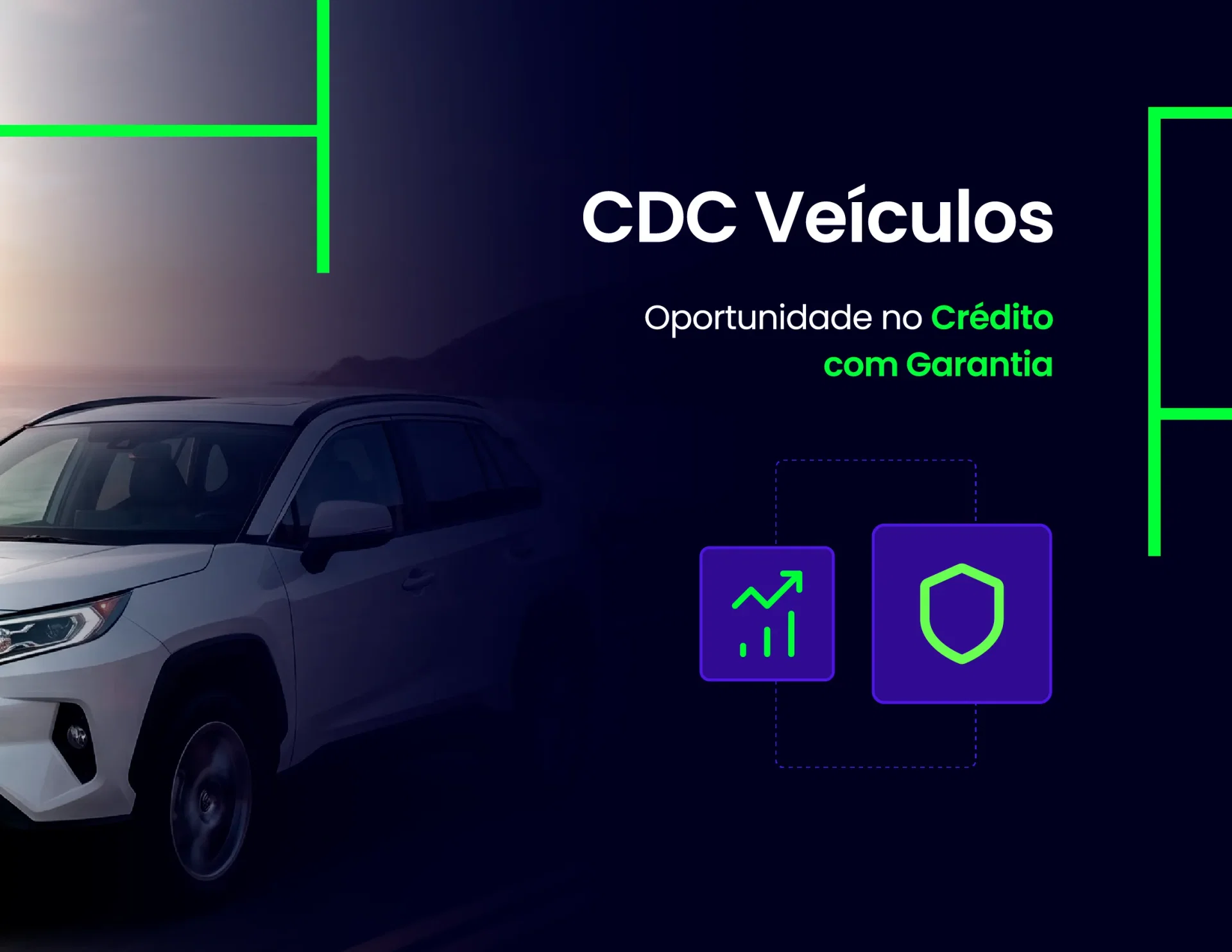 Card informativo com um carro branco à esquerda. À direita, o texto 'CDC Veículos: Oportunidade no Crédito com Garantia', acompanhado por ícones roxos de um gráfico de crescimento e um escudo de segurança.