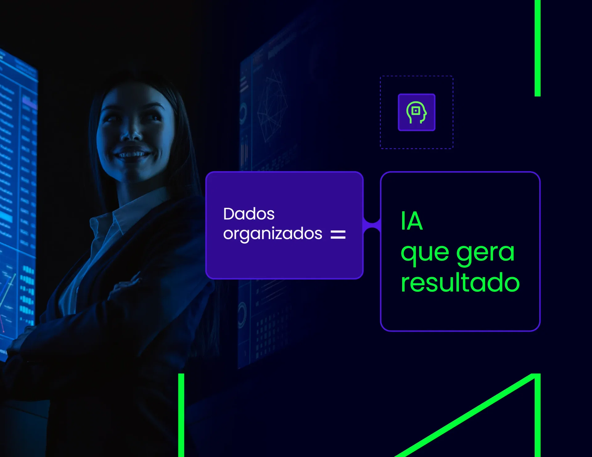 Infográfico sobre inteligência artificial e organização de dados para instituições financeiras com executiva ao fundo.
