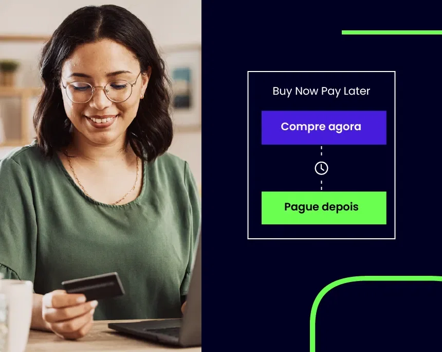  Mulher segurando um cartão de crédito enquanto usa um laptop, representando a facilidade de pagamento digital. Ao lado, um infográfico com a funcionalidade "Buy Now Pay Later" (Compre agora, pague depois), destacando a opção de compra imediata com pagame