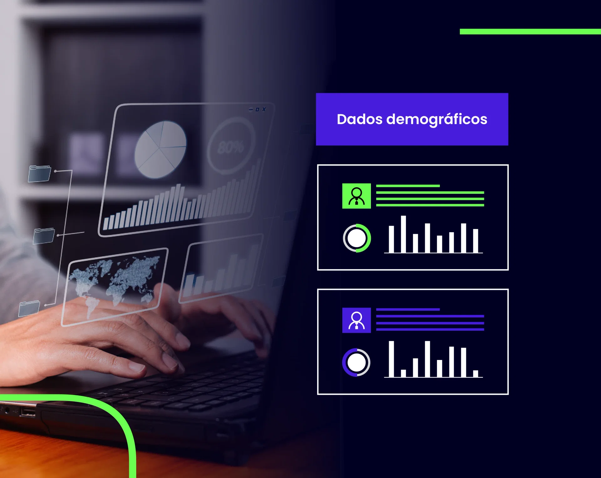 Foto de uma pessoa mexendo no computador com gráficos indicando "dados demográficos"