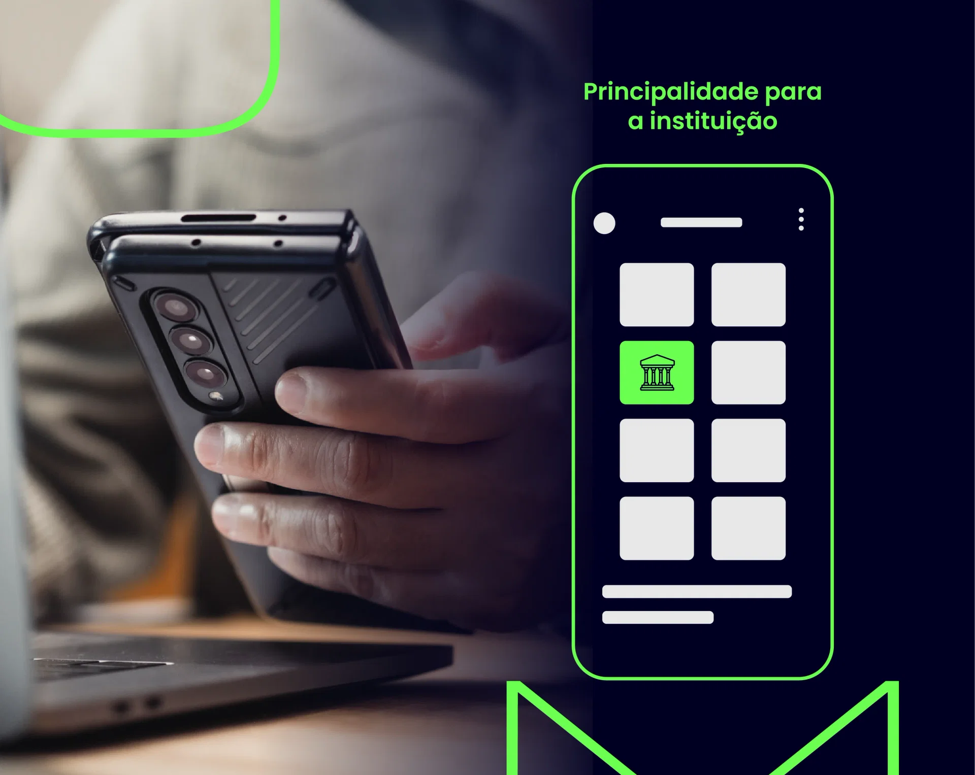 Pessoa segurando um smartphone enquanto navega em aplicativos, com destaque para um ícone de banco na tela. A imagem representa a ideia de principalidade para a instituição financeira, reforçando a relevância do banco na jornada digital do cliente.