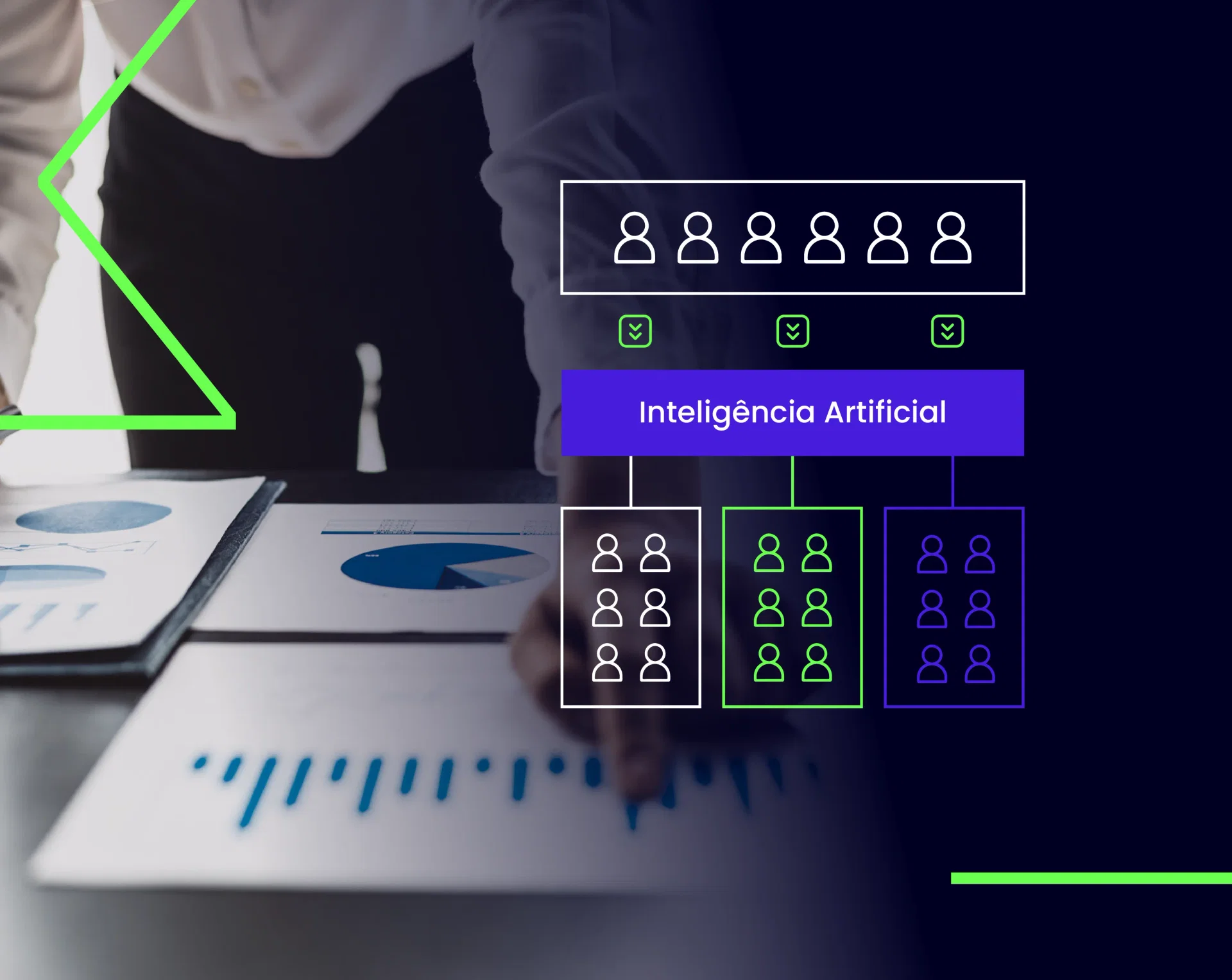 segmentação de clientes em clusters - foto de uma pessoa analisando gráficos com uma representação digital dos clientes segmentados