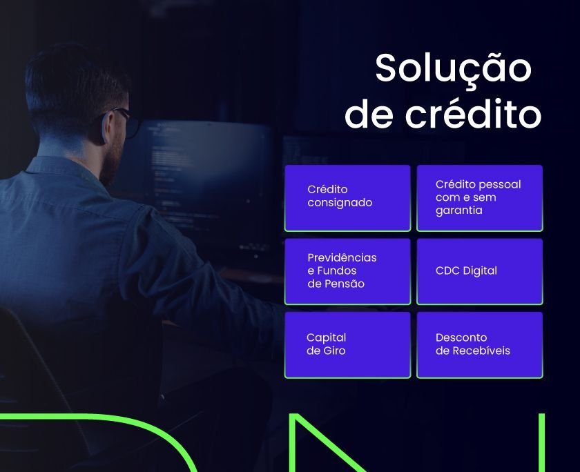 Foto de um homem em ambiente corporativo, de costas, mexendo no computador. Texto na imagem: Crédito consignado, Crédito pessoal com e sem garantia, CDC Digital, Previdências e Fundos de Pensão, Capital de Giro, Desconto de Recebíveis