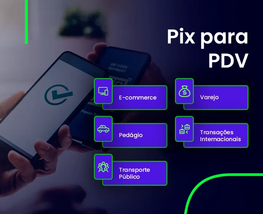 Pix para PDV - foto de uma pessoa fazendo pagamento em um ponto de venda com o texto por cima: Pix para PDV: E-commerce > Pedágio > Transporte público > Varejo > Transações internacionais