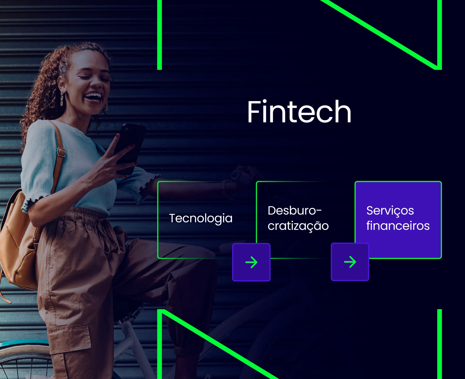 Foto de uma mulher mexendo no celular e sorrido. Texto na imagem: Fintech: Tecnologia > Desburocratização > Serviços financeiros