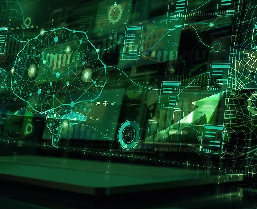 Motor de crédito - imagem de telas em verde com gráficos e a imagem de um cérebro, remetendo a algoritmos, inteligência artificial e dados.