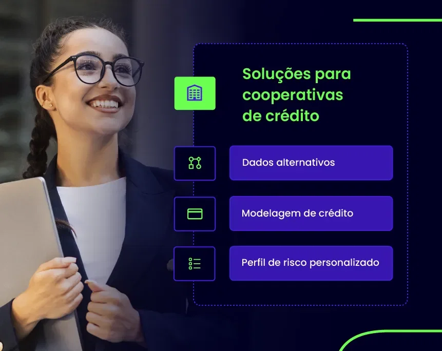 A imagem exibe uma mulher sorridente com óculos e um notebook, ao lado de um infográfico com os tópicos Dados alternativos, Modelagem de crédito, e Perfil de risco personalizado