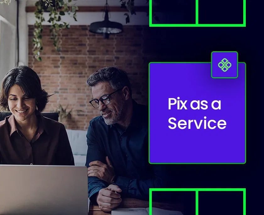 Pix as a Service - foto de duas pessoas em uma reunião no escritório com o texto "Pix as a Service" em cima da imagem