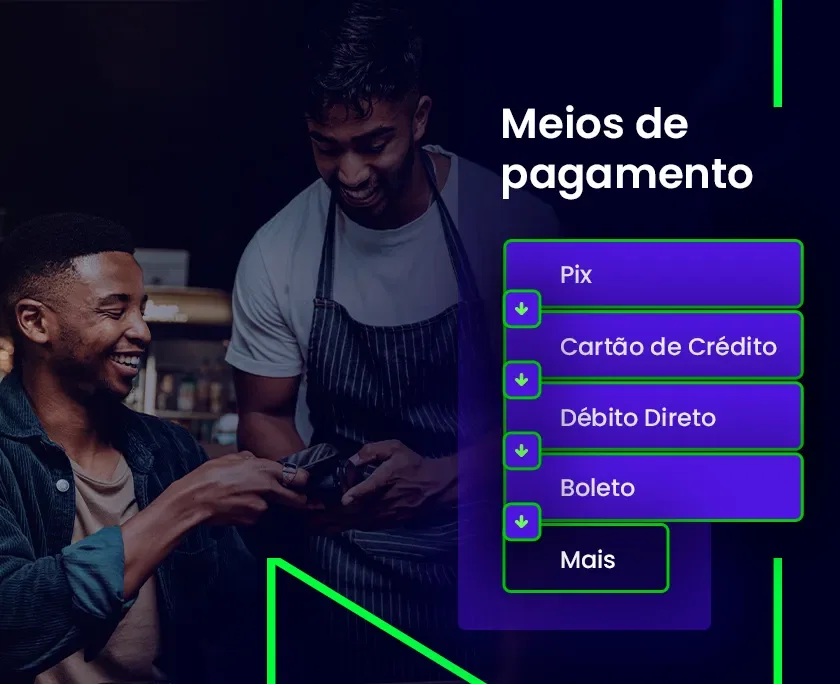 Foto de uma pessoa fazendo um pagamento com o celular e o texto por cima: Meios de pagamento: Pix - Cartão de Crédito - Débito Direto - Boleto - Mais